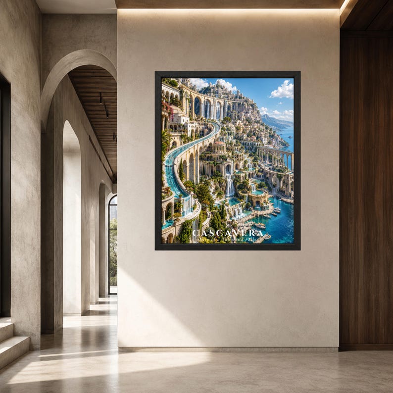 Puede incluir: Una impresi&oacute;n de arte mural vertical enmarcada que muestra una ciudad costera de fantas&iacute;a con arquitectura de piedra escalonada, cascadas y acueductos que fluyen hacia un mar azul profundo. El texto CASCAVERA est&aacute; impreso en blanco en la parte inferior.