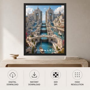 May include: A framed wall art print depicting a fantasy city with stone architecture, canals, and large tidal gates. The image features the text TIDEMARIS City of the Great Tidal Gates at the bottom. The scene includes boats, bridges, and blue water.