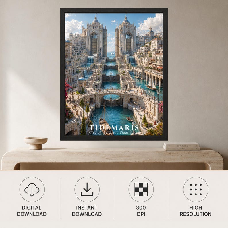 May include: A framed wall art print depicting a fantasy city with stone architecture, canals, and large tidal gates. The image features the text TIDEMARIS City of the Great Tidal Gates at the bottom. The scene includes boats, bridges, and blue water.