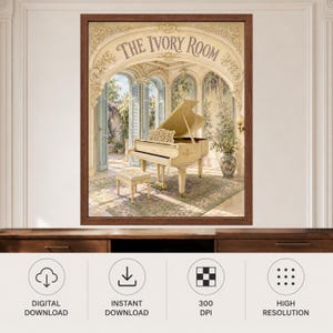 May include: A framed wall art print titled The Ivory Room, featuring an illustration of a cream-coloured grand piano and matching bench inside an ornate, arched architectural space with floral wallpaper, open shutters, and a patterned rug.