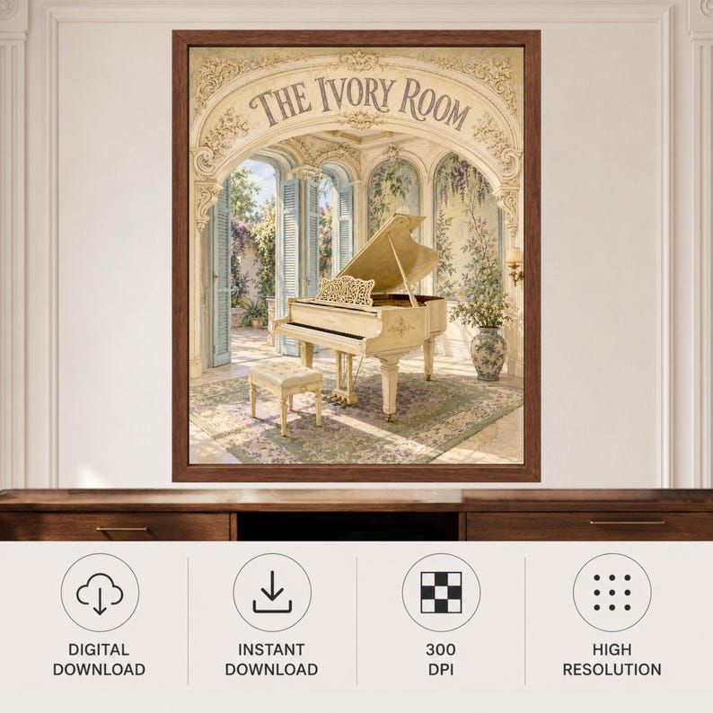 May include: A framed wall art print titled The Ivory Room, featuring an illustration of a cream-coloured grand piano and matching bench inside an ornate, arched architectural space with floral wallpaper, open shutters, and a patterned rug.