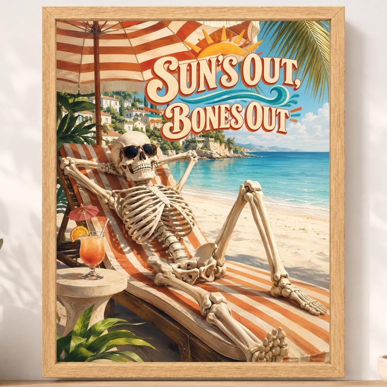 Funny Skeleton Beach Poster, Sun's Out Bones Out, Summer Vacation Art (Digital Download) image 2