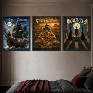 May include: A set of three framed wall art prints. The left print shows a ship at sea titled The Night Corsair. The center print depicts a scarecrow at a dinner table titled The Scarecrow's Feast. The right print shows three witches titled The Moonlit Coven.