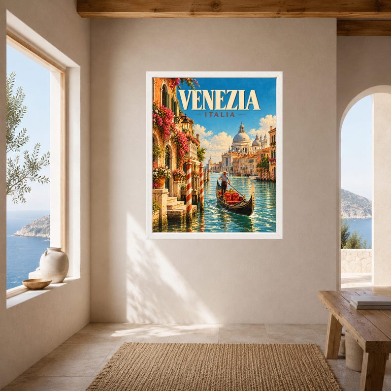 Venice Travel Poster, Gondola Wall Art, Venezia Italy Print, Grand Canal Decor, Digital Download image 7
