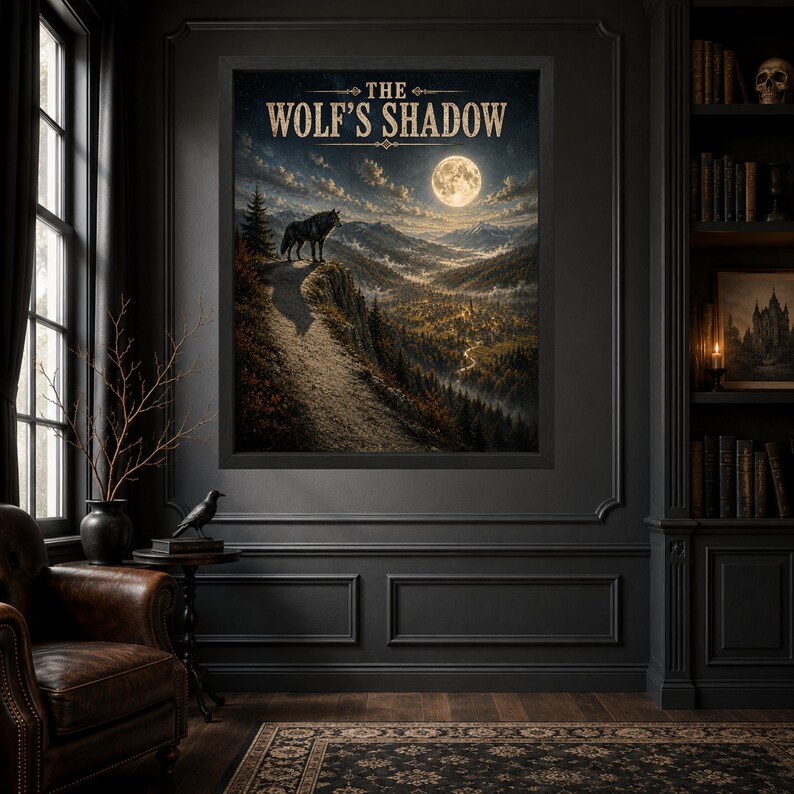 May include: A framed wall art print titled THE WOLF'S SHADOW, featuring a lone wolf standing on a cliff edge overlooking a forested valley under a full moon. The landscape includes dark pine trees, distant mountains, and a winding path in the night sky.