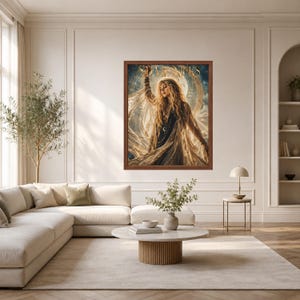 May include: A framed wall art print featuring a portrait of a person with long wavy hair, wearing a flowing garment with intricate patterns, set against a celestial background with a large moon and the text STEVIE NICKS in gold lettering.
