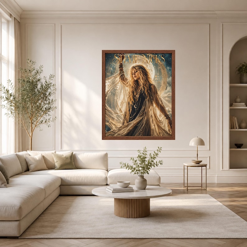May include: A framed wall art print featuring a portrait of a person with long wavy hair, wearing a flowing garment with intricate patterns, set against a celestial background with a large moon and the text STEVIE NICKS in gold lettering.
