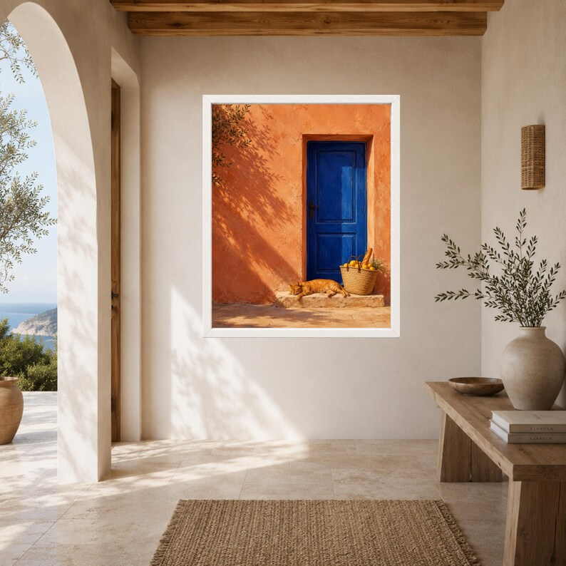 Pu&ograve; includere: Una stampa artistica incorniciata che raffigura una parete color arancio vivace con una porta blu intenso, un cesto di vimini pieno di agrumi gialli e un gatto arancione che riposa sulla soglia di pietra, sotto una calda luce mediterranea.