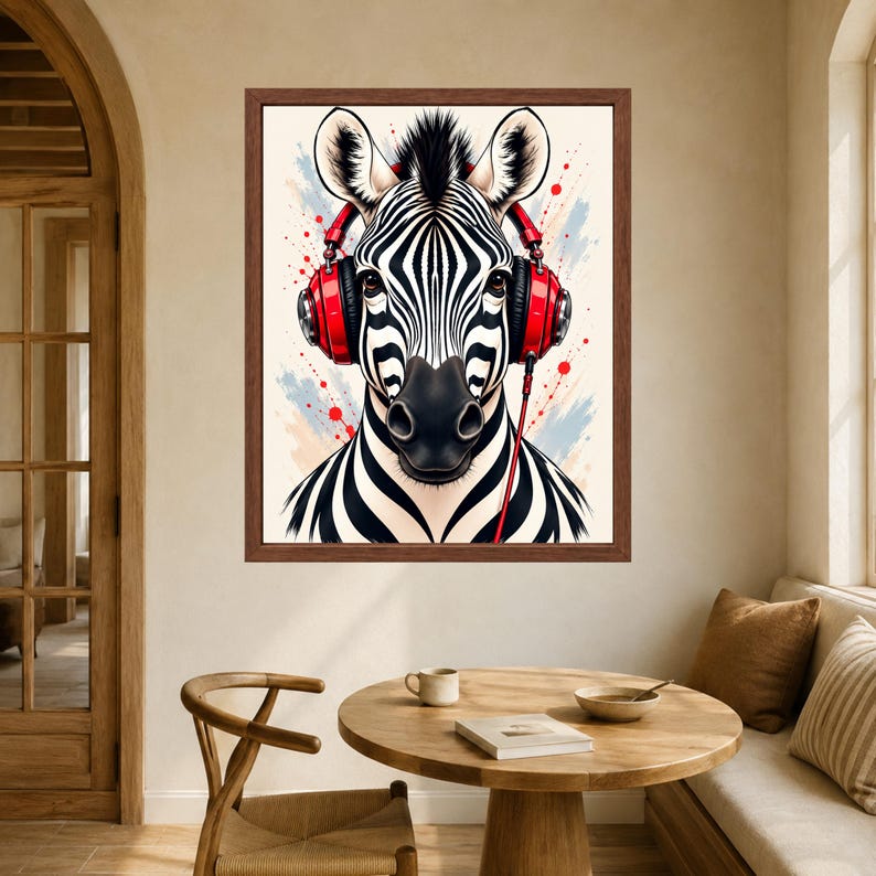 Zebra Headphones Wall Art, Funky Animal Music Print (Digital Download) image 5