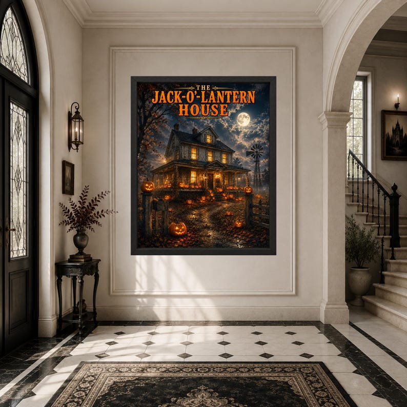 K&ouml;nnte beinhalten: Ein gerahmter Kunstdruck mit dem Titel THE JACK-O'-LANTERN HOUSE, der ein zweist&ouml;ckiges Haus bei Nacht zeigt, beleuchtet von leuchtend orangefarbenen K&uuml;rbissen, einem Vollmond und warmem Innenlicht, umgeben von herbstlichen B&auml;umen.
