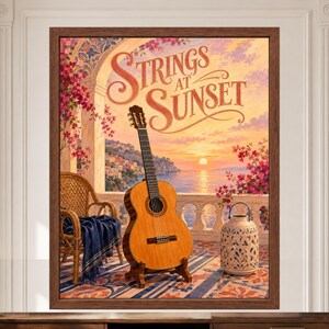 May include: A framed wall art print titled Strings at Sunset featuring a classical guitar on a stand, a wicker chair with a blue throw, and a decorative lantern on a balcony overlooking a coastal sunset with pink flowers and a distant town.