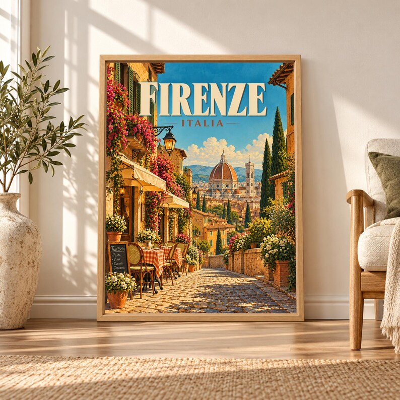 Framed Firenze Italy travel poster showing the Florence Duomo beyond a sunny cobblestone street with trattoria tables, flower-covered buildings, cypress trees and warm Tuscan rooftops.