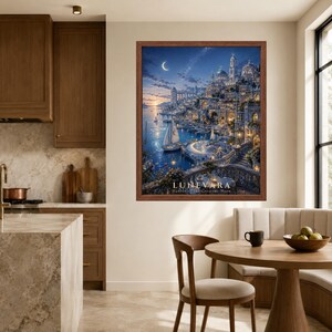 May include: A framed wall art print titled LUNEVARA Harbor of the Crescent Moon, depicting a fantasy coastal city at twilight with a crescent moon, illuminated stone architecture, a sailboat on blue water, and a stone balcony in the foreground.