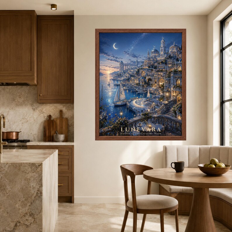 May include: A framed wall art print titled LUNEVARA Harbor of the Crescent Moon, depicting a fantasy coastal city at twilight with a crescent moon, illuminated stone architecture, a sailboat on blue water, and a stone balcony in the foreground.