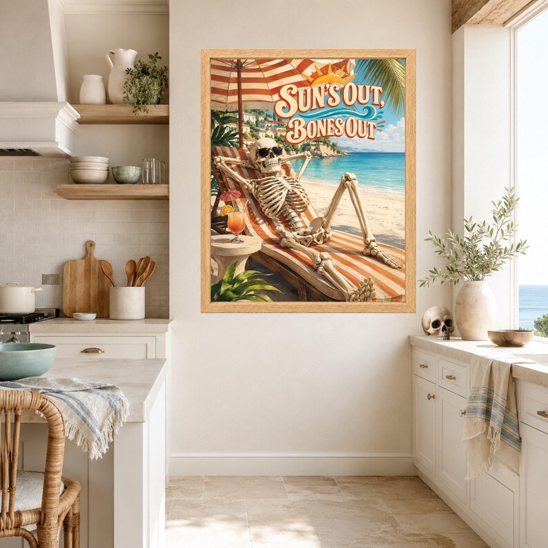 Funny Skeleton Beach Poster, Sun's Out Bones Out, Summer Vacation Art (Digital Download) image 6