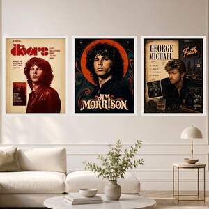 May include: Three framed wall art prints featuring musical icons. The left print shows Jim Morrison with The Doors text. The center print displays a stylized portrait of Jim Morrison. The right print features George Michael with the text Faith.