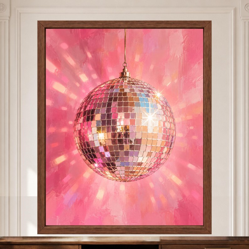 Pink Disco Ball Wall Art, Mirror Ball Poster, Retro Music Room Decor, Digital Download image 2