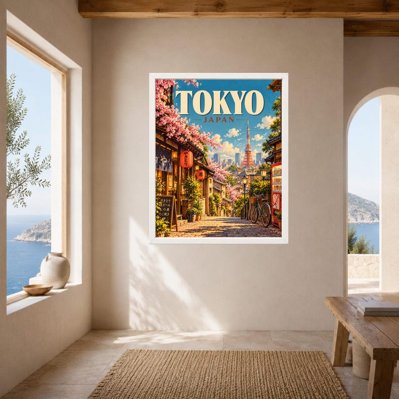Tokyo Travel Poster, Cherry Blossom Street Scene, Japan City Art (Digital Download) image 7