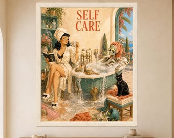 Funny Skeleton Spa Day Poster, Witch Black Cat Bathroom Art (Digital Download)