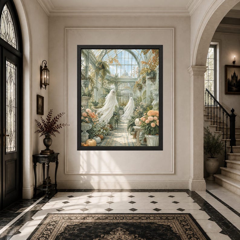 May include: A framed wall art print depicting a glass greenhouse interior filled with lush greenery, blooming flowers, and pumpkins, featuring two translucent white ghost figures floating along a central stone pathway under a bright sky.
