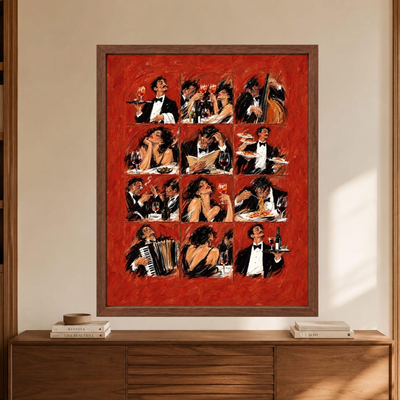 Italian Dining Scene Print, Red Restaurant Art, Wine Pasta Poster (Digital Download) image 9