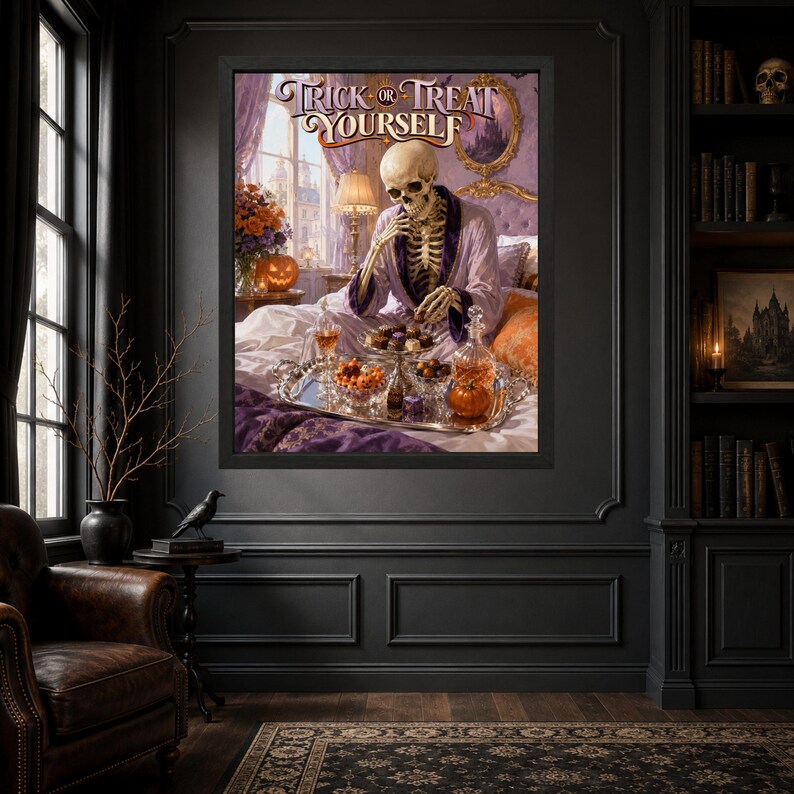 K&ouml;nnte beinhalten: Ein gerahmter Wandkunstdruck, der ein Skelett in einem lavendelfarbenen Morgenmantel zeigt, das auf einem Bett mit einem silbernen Tablett voller Pralinen und kleiner K&uuml;rbisse sitzt. Der Text "TRICK OR TREAT YOURSELF" steht oben im Bild.