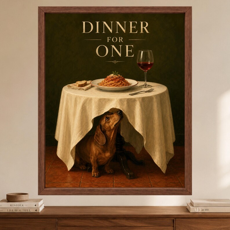 Dachshund Wall Art, Funny Kitchen Poster, Spaghetti Dog Print, Dinner for One, Digital Download image 2