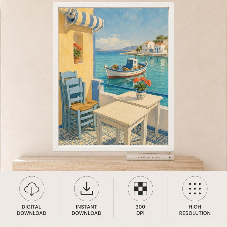 Tryck av grekisk öhamn, medelhavstaverna, fiskebåt (digital nedladdning) bild 11