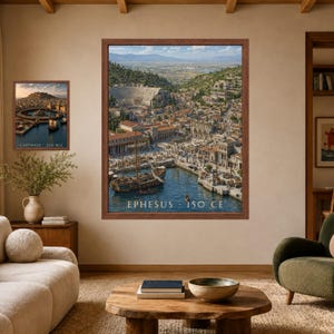 May include: Two framed wall art prints depicting historical cityscapes. The larger print shows Ephesus 150 CE with a harbor, ships, and ancient architecture. The smaller print shows Carthage 220 BCE with a circular harbor and buildings.