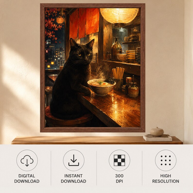May include: A framed digital art print featuring a black cat sitting at a wooden counter in a dimly lit restaurant. A bowl of ramen with an egg and chopsticks sits on the counter. In the background, a city skyline is visible through a window.