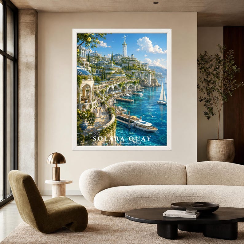 May include: A framed wall art print titled SOLARA QUAY featuring a coastal Mediterranean-style city with white buildings, arched walkways, and lush greenery overlooking a vibrant blue harbor with sailboats and a motor yacht under a sunny sky.