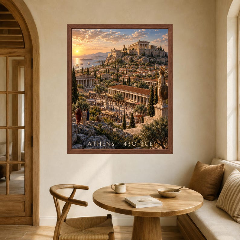 May include: A framed wall art print depicting an ancient Greek city scene with the Parthenon on a hill, a bustling marketplace, and a statue in the foreground. The text ATHENS 430 BCE is printed at the bottom of the image in a serif font.