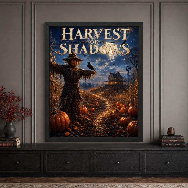 Framed scarecrow Halloween wall art featuring a pumpkin-headed scarecrow with a black crow in a moonlit pumpkin patch, surrounded by dried corn and autumn leaves with a glowing farmhouse and “Harvest of Shadows” typography.