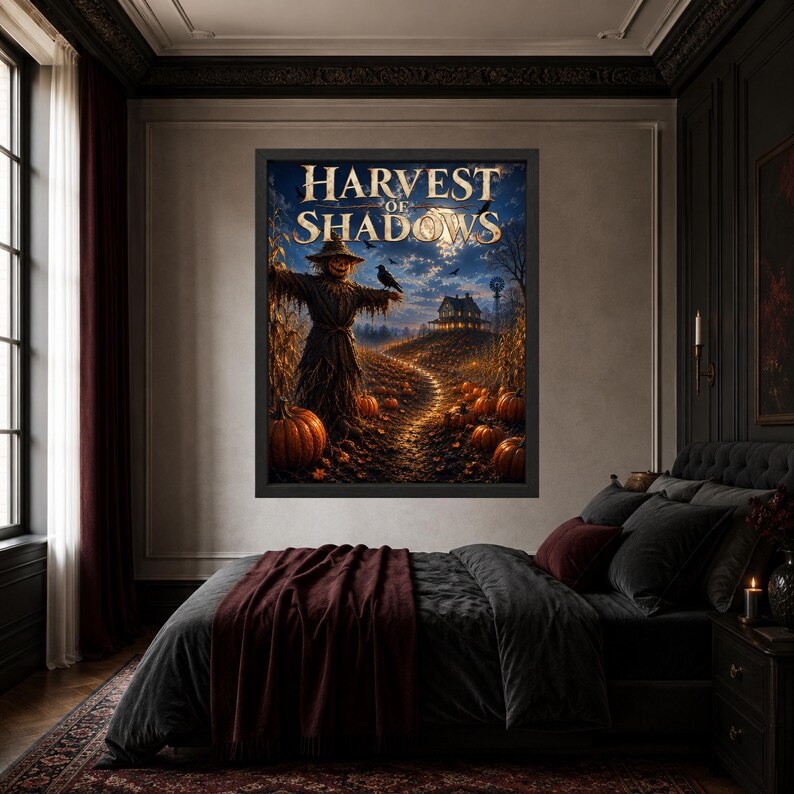 K&ouml;nnte beinhalten: Ein gerahmter rechteckiger Wandkunstdruck mit dem Titel Harvest of Shadows, der eine Vogelscheuche in einem K&uuml;rbisfeld bei Nacht unter einem Vollmond mit einem Haus in der Ferne zeigt, in dunkelblauen, orangen und goldgelben T&ouml;nen.