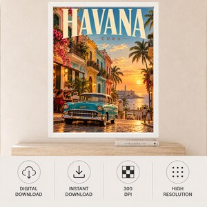 Havana Cuba Travel Poster, Classic Car, Tropical Sunset (Digital Download) image 11