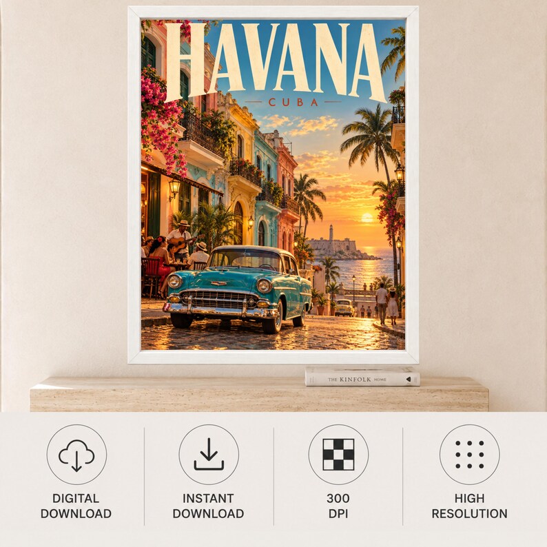 Havana Cuba Travel Poster, Classic Car, Tropical Sunset (Digital Download) image 11