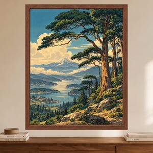 Japanese Landscape Print, Mountain Lake, Pine Trees, Woodblock Style (Digital Download) image 2