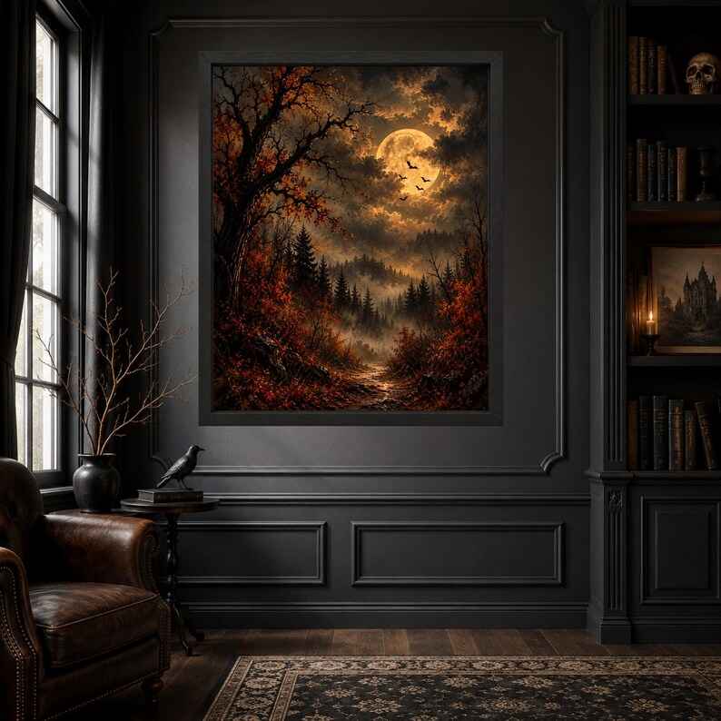 Cuadro decorativo de bosque con luna llena, paisaje otoñal gótico, lámina de murciélago espeluznante de Halloween, descarga digital. imagen 6