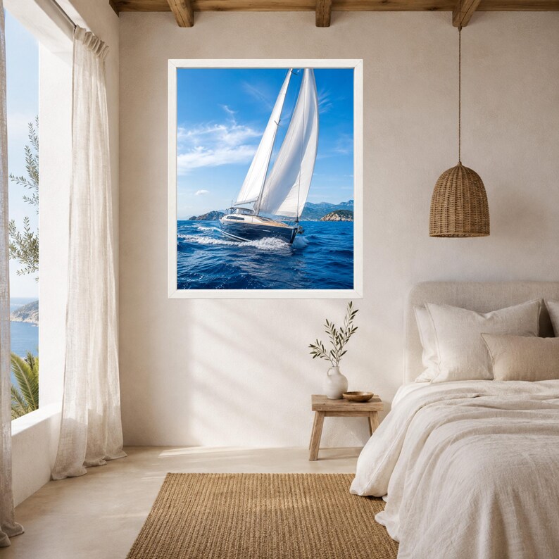 Op de afbeelding: Een ingelijste wandkunstprint met een zeilboot met een donkere romp en witte zeilen die op diepblauw oceaanwater vaart onder een heldere lucht met lichte wolken, met verre bergen zichtbaar aan de horizon op de achtergrond.