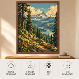Pode incluir: Uma impress&atilde;o de arte de parede emoldurada retratando uma paisagem de montanha com um caminho de terra sinuoso, &aacute;rvores perenes e flores silvestres coloridas em primeiro plano. A cena apresenta um lago calmo refletindo o c&eacute;u e picos nevados.
