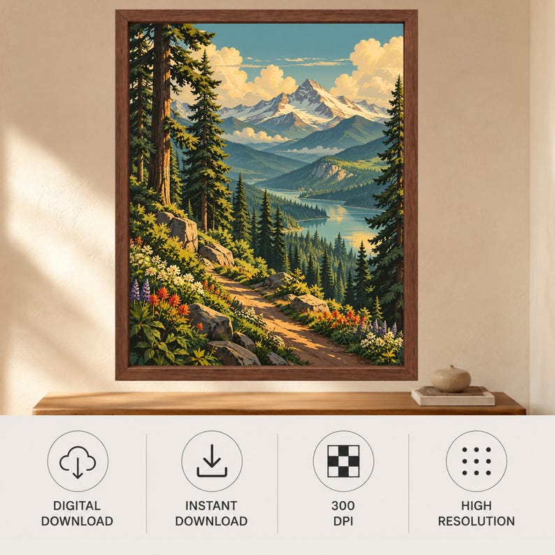 Pode incluir: Uma impress&atilde;o de arte de parede emoldurada retratando uma paisagem de montanha com um caminho de terra sinuoso, &aacute;rvores perenes e flores silvestres coloridas em primeiro plano. A cena apresenta um lago calmo refletindo o c&eacute;u e picos nevados.