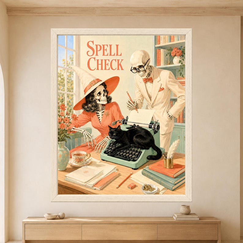 Framed Spell Check skeleton wall art featuring a witch skeleton at a mint vintage typewriter, a skeleton editor with pencil and a black cat lying across the typewriter keys.