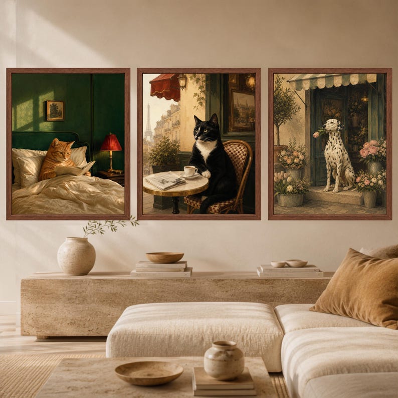 May include: A set of three framed wall art prints. The left print shows an orange cat reading in bed. The center print depicts a black and white cat at a Parisian cafe table. The right print features a Dalmatian dog holding a flower in a shop doorway.