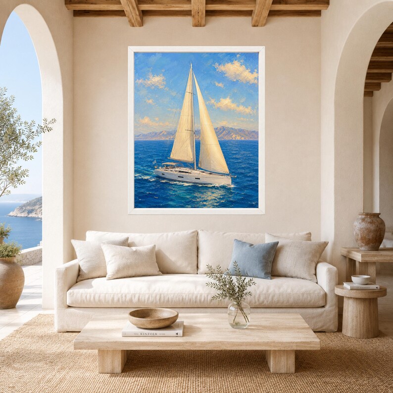 May include: A framed wall art print featuring an oil painting of a white sailboat with tall sails navigating deep blue ocean waters under a bright sky with scattered clouds and distant mountains visible on the horizon in the background.