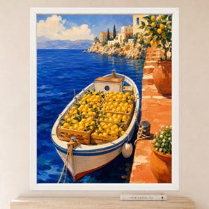 May include: A painting of a white boat filled with wooden crates of bright yellow lemons floating on deep blue water. A terracotta pot with a lemon tree sits on a stone pier beside the boat, with coastal buildings and mountains in the distance.