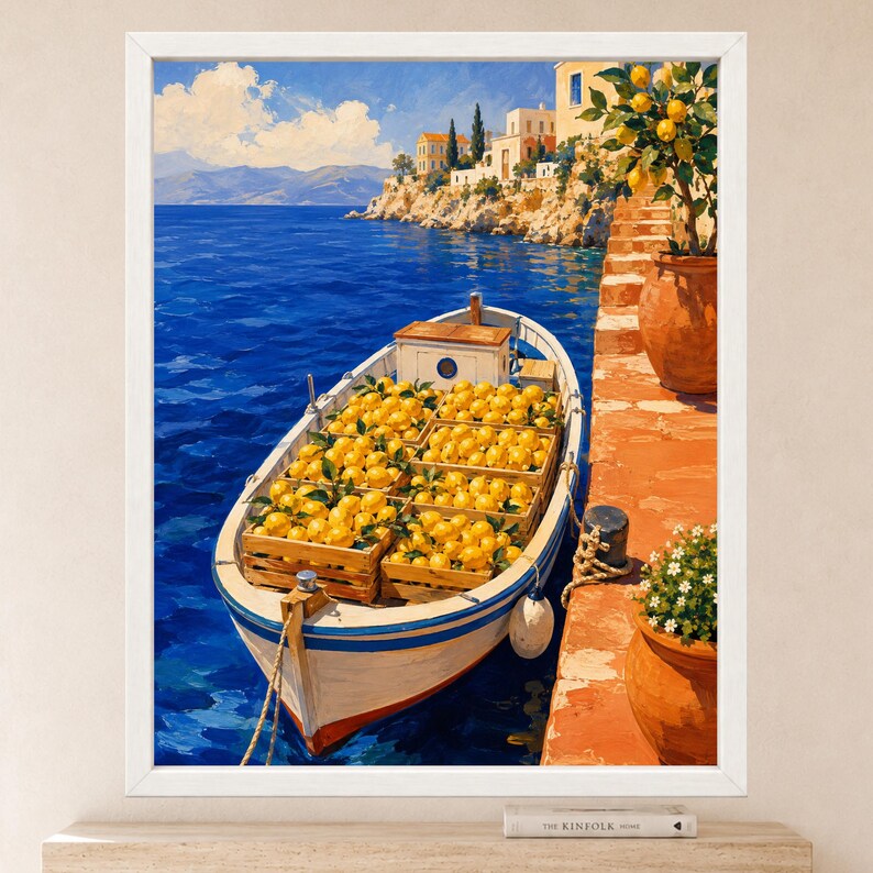 May include: A painting of a white boat filled with wooden crates of bright yellow lemons floating on deep blue water. A terracotta pot with a lemon tree sits on a stone pier beside the boat, with coastal buildings and mountains in the distance.
