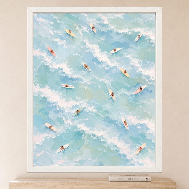 Aerial Surfers Ocean Print, Pastel Blue Coastal Art (Digital Download) image 2