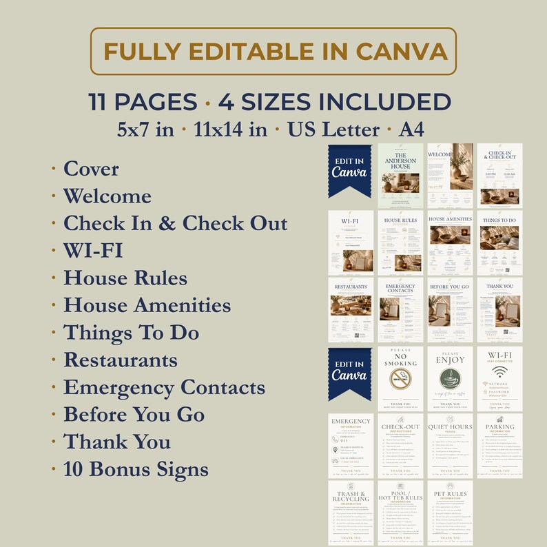 May include: A digital template set for a rental property guidebook, featuring 11 pages and 10 bonus signs. The text includes Fully Editable in Canva, 11 Pages, 4 Sizes Included, 5x7 in, 11x14 in, US Letter, A4, and a list of page titles like Welcome.