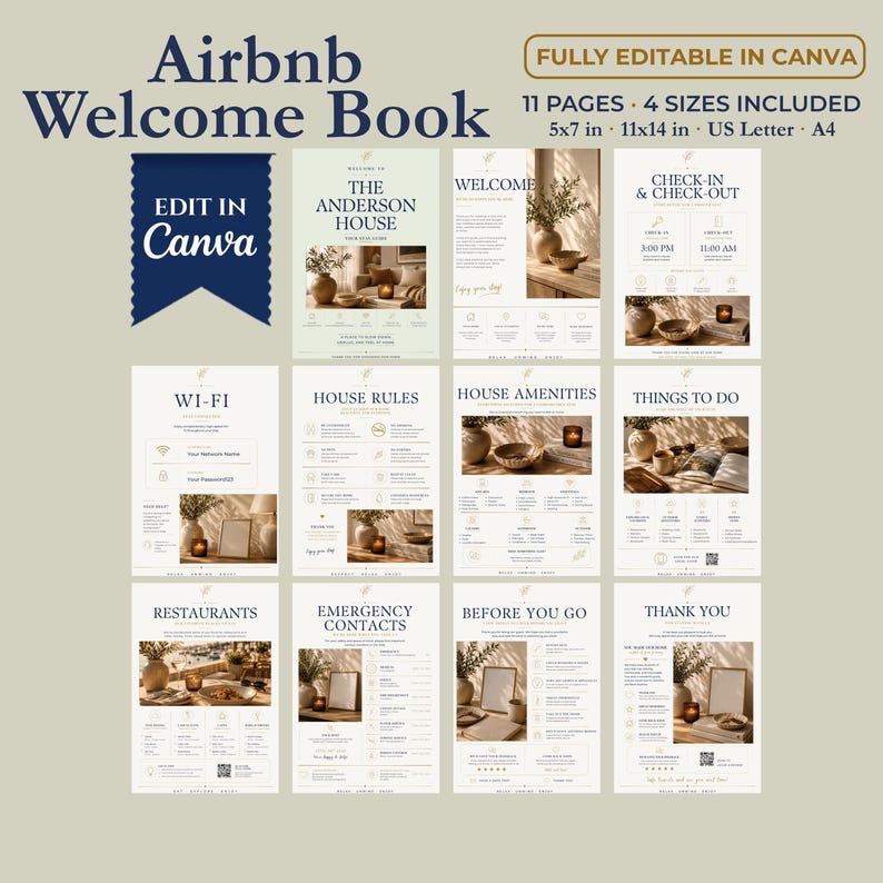 Airbnb Welcome Book Canva template bundle showing 11 editable guest guide pages including welcome, check-in and check-out, Wi-Fi, house rules, amenities, things to do, restaurants, emergency contacts and thank you pages in four included sizes.