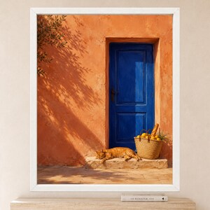 Pu&ograve; includere: Una stampa artistica incorniciata che raffigura una porta blu vibrante inserita in una parete arancione strutturata. Un gatto soriano arancione dorme sul gradino di pietra accanto a un cesto intrecciato pieno di limoni gialli e una baguette.